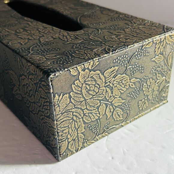 Tissue Box Cover Grapes Flowers Bottom Flap Gold Black Hollywood Regency 9.5X5X3 - Picture 3 of 6